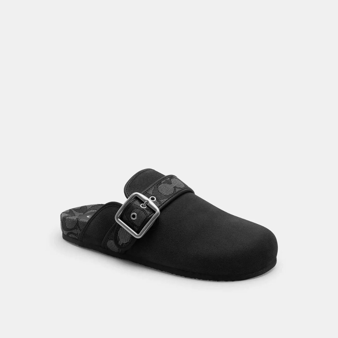 Ashton clog in black, three-quarter view