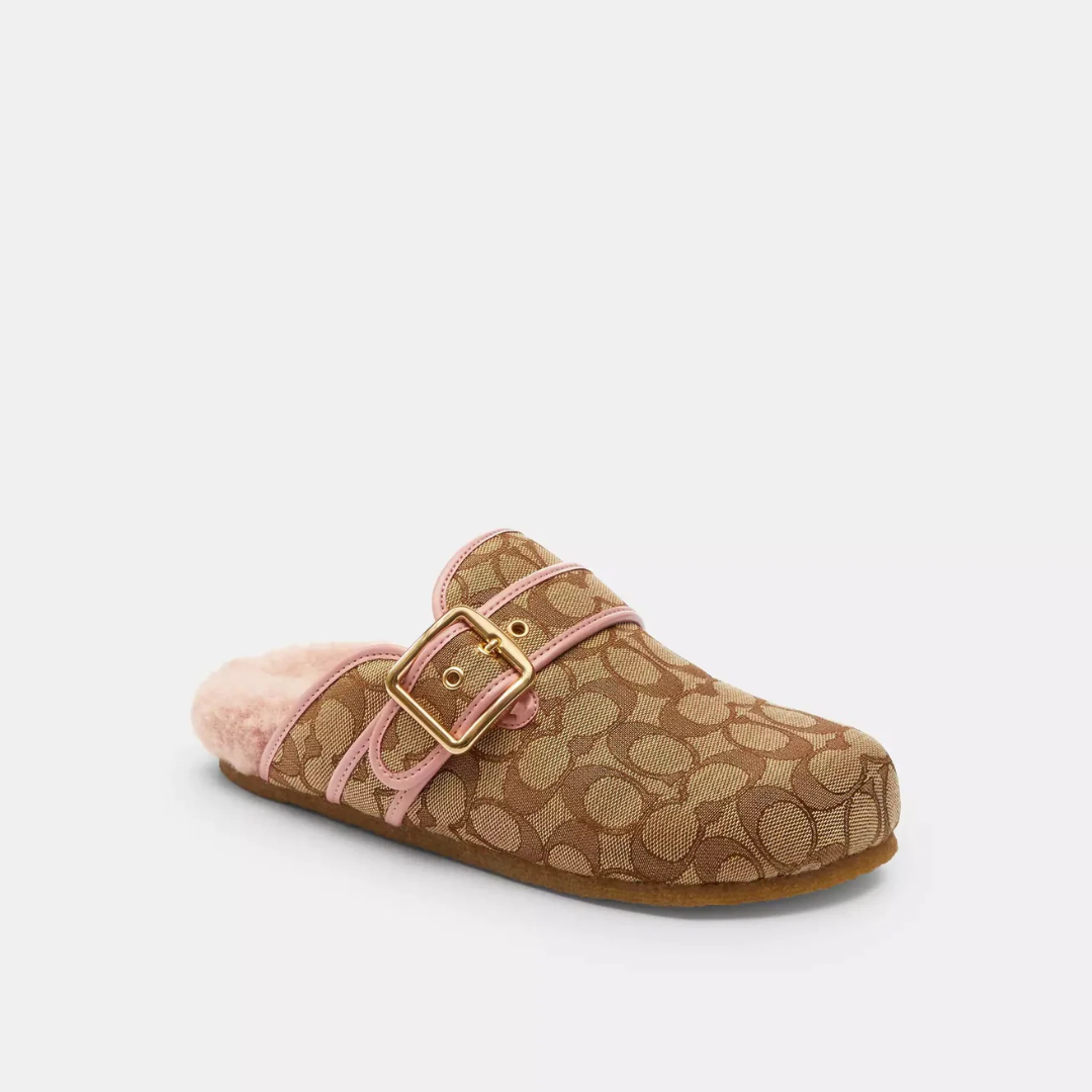 Ashton clog in khaki with pink trim and plush lining, three-quarter view