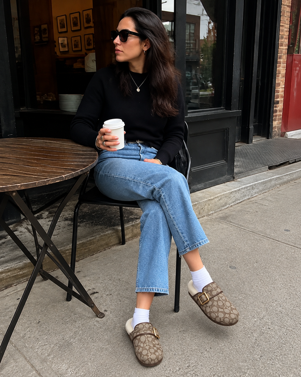 Light Khaki Ivory Ashton clogs styled with white socks, jeans, and a black sweater
