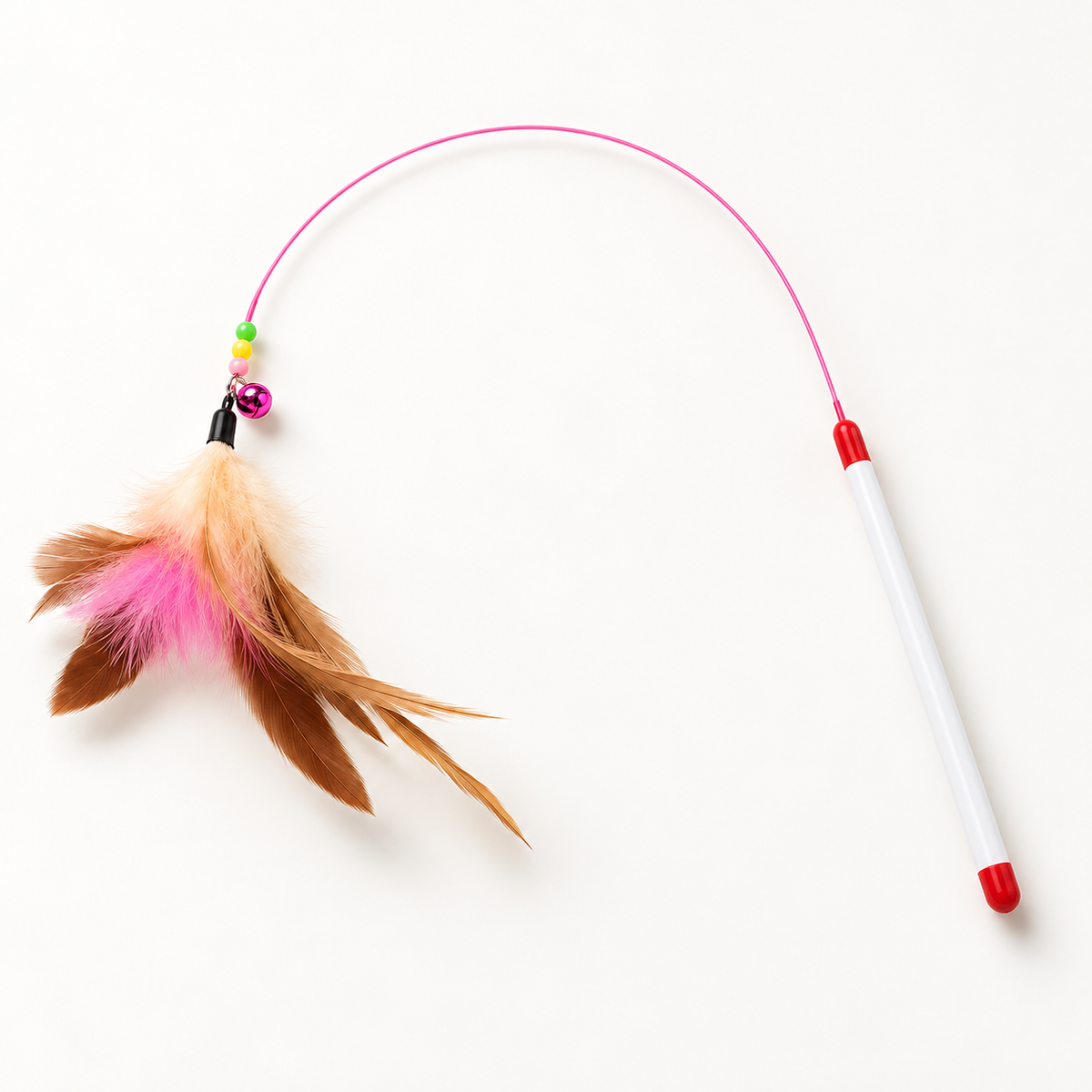 Cat Toys feather wand with a white handle, pink shaft, colorful feathers and a pink bell on an off-white studio background.