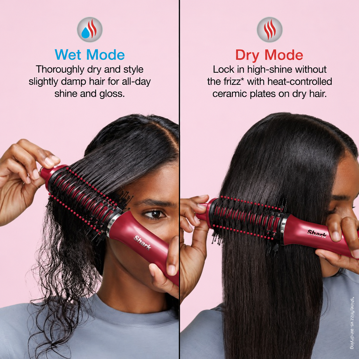 Red Shark Glossi wet and dry styling modes on pink background