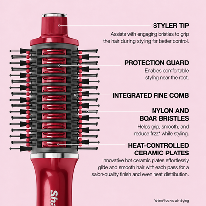 Red Shark Glossi brush head features on pink background