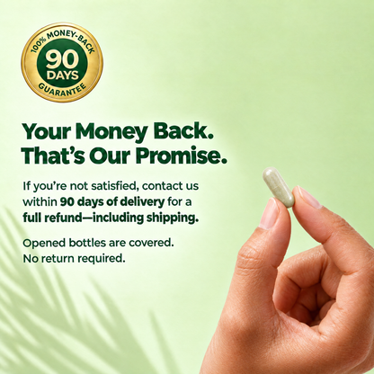 90-day money-back guarantee, including shipping, opened bottles covered and no return required
