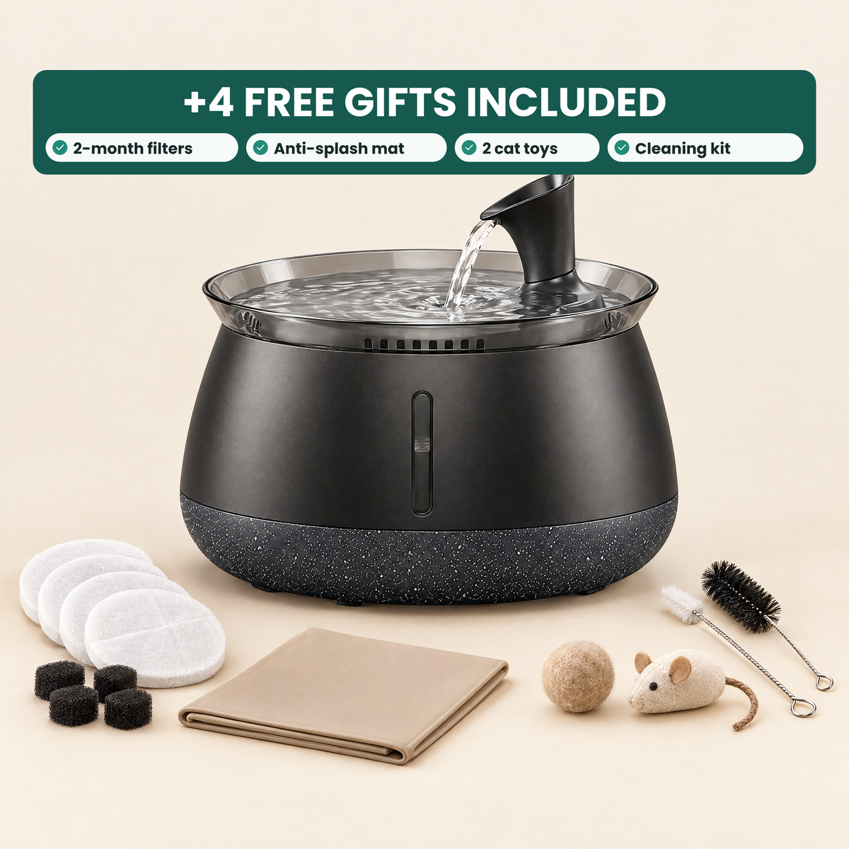 HydrateWell fountain with four included gift groups: two-month filter supply, anti-splash mat, two cat toys and a cleaning kit.