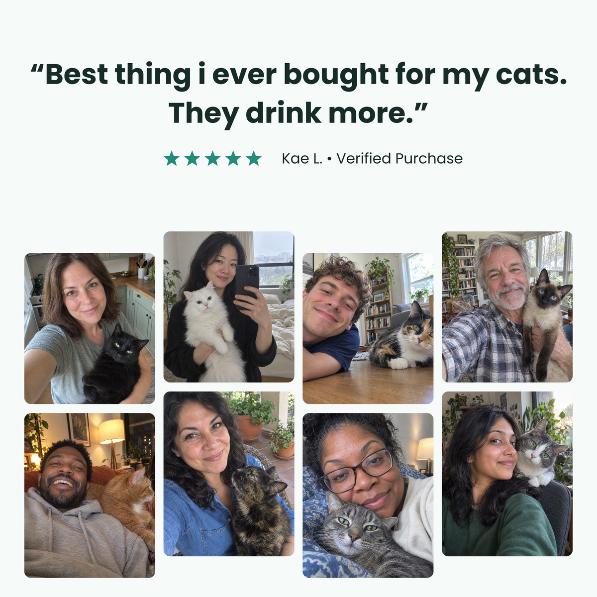 “Best thing i ever bought for my cats. They drink more.” — Kae L., a merchant-provided display name for the supplied five-star Amazon review from Kae, marked Verified Purchase, above eight illustrative owner-and-cat selfies.