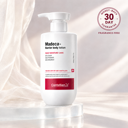 Madeca Barrier Body Lotion 500 ml — studio hero with a clean circular 30-day money-back guarantee badge.