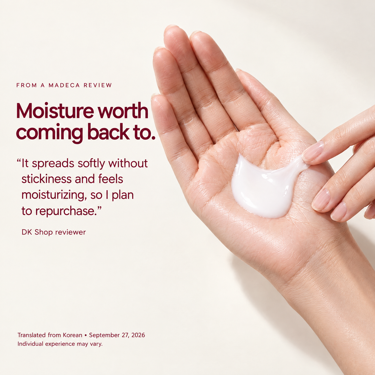 White Madeca lotion in an open palm beside an attributed DK Shop review translated from Korean.