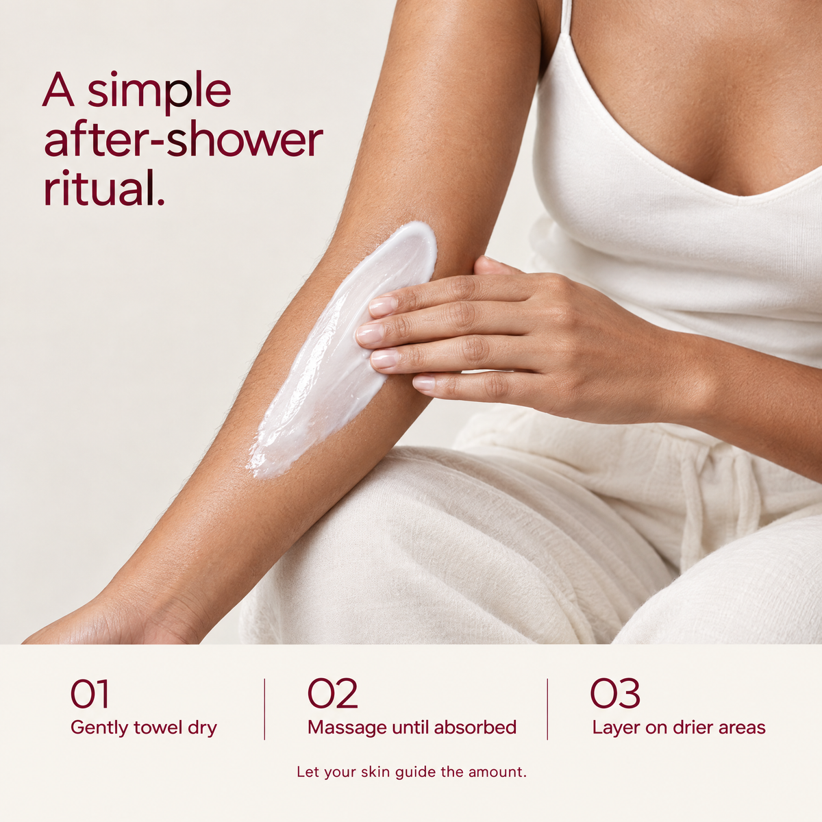 A woman massages white body lotion along her forearm, with three after-shower application steps.