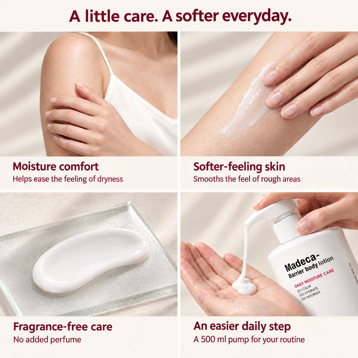 Four Madeca benefits shown through skin care, lotion texture, and pump-in-use photographs.