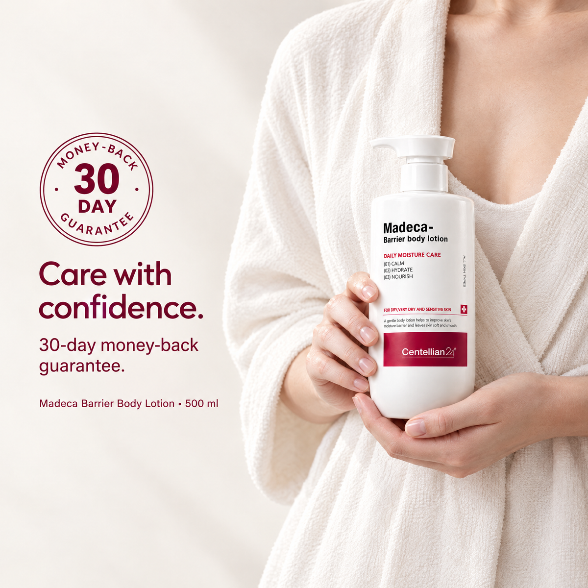 Madeca lotion held naturally in both hands with the 30-day money-back guarantee.