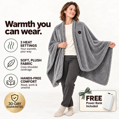 Heated Wearable Blanket hero with 30-day guarantee and included power bank