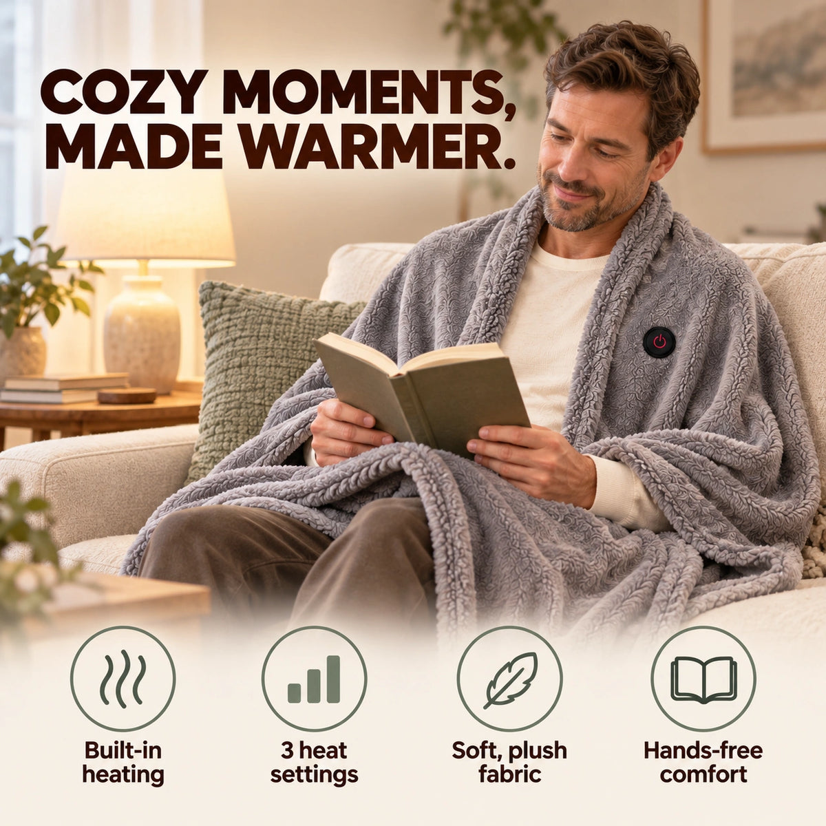 Man reading in a gray heated wearable blanket