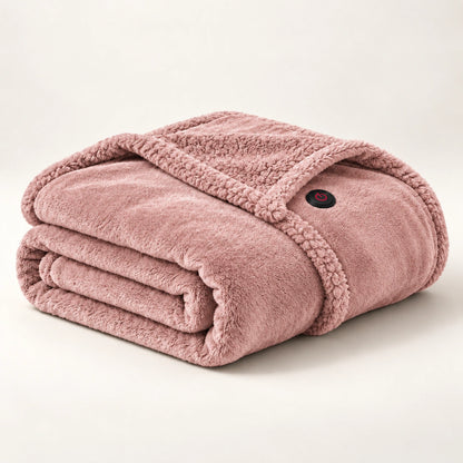 Pink heated wearable blanket folded on an ivory studio background
