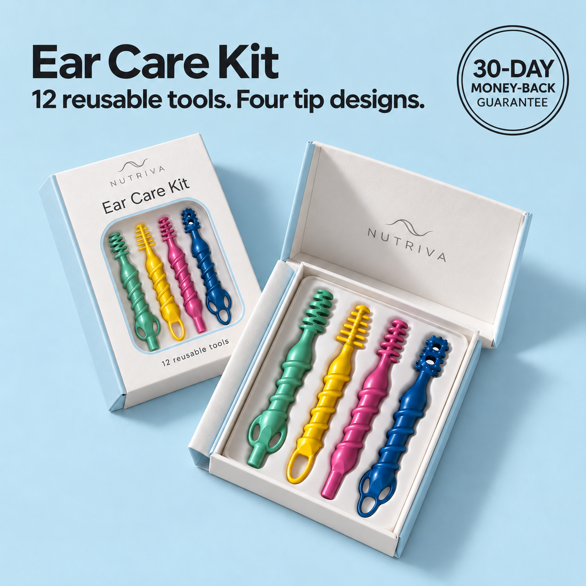 Nutriva Ear Care Kit packaging and four tip designs with a 30-day money-back guarantee.