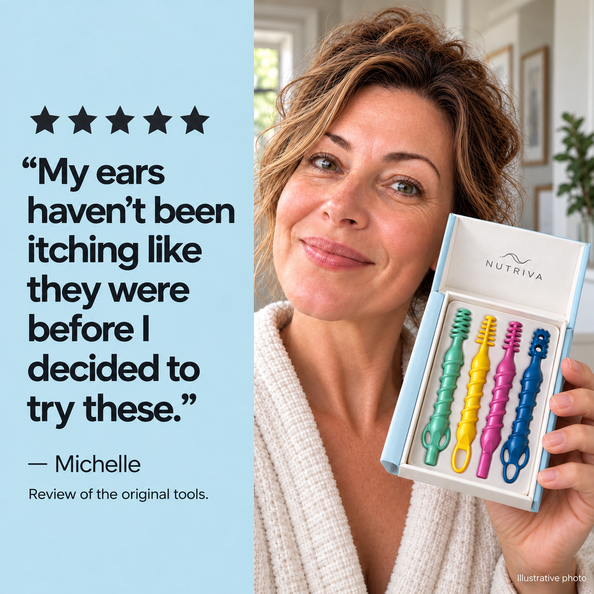 Michelle's genuine review of the original tools beside a clearly labeled illustrative product portrait.