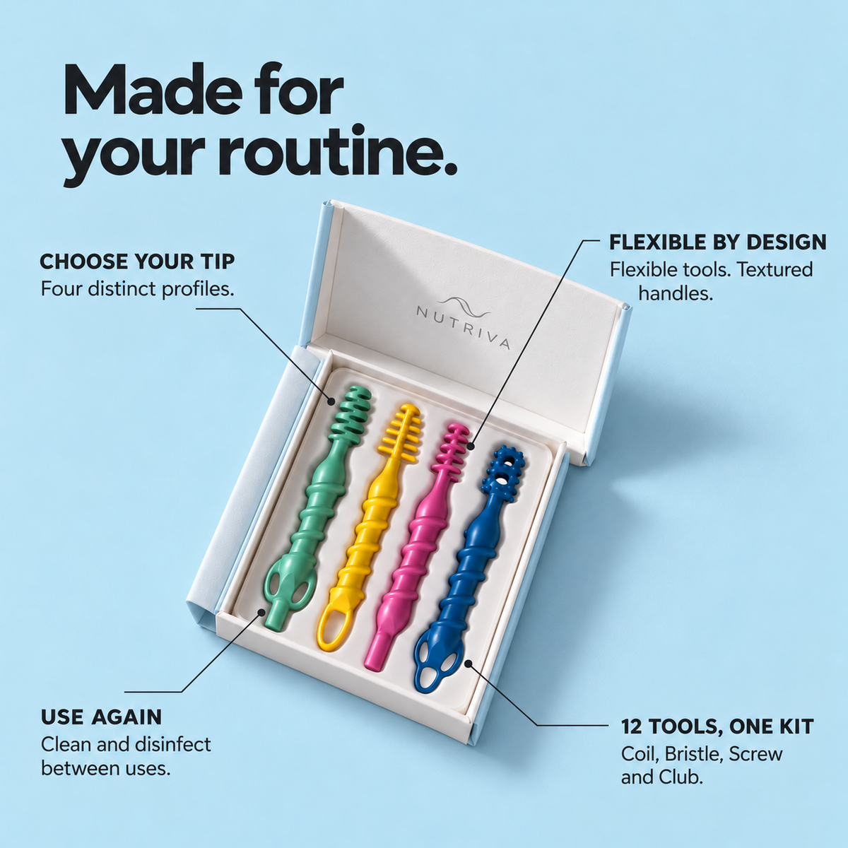 Four kit features: choice of tip, flexible tools, reuse after cleaning and disinfecting, and 12 tools in the kit.