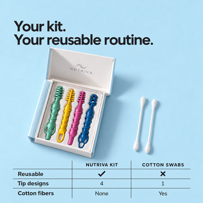 Nutriva kit and cotton swabs compared on reuse, tip designs, and cotton fibers.