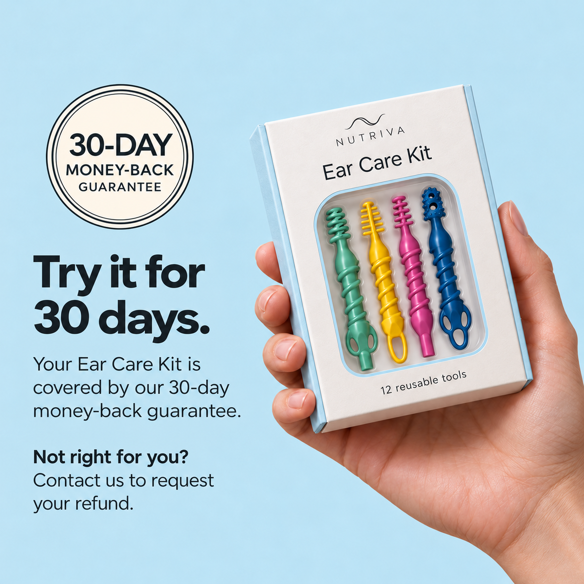Nutriva Ear Care Kit held in a hand with the confirmed 30-day money-back guarantee.