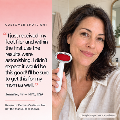 Jennifer's testimonial for Dermave's electric filer; lifestyle image is not the reviewer and shows a different manual tool