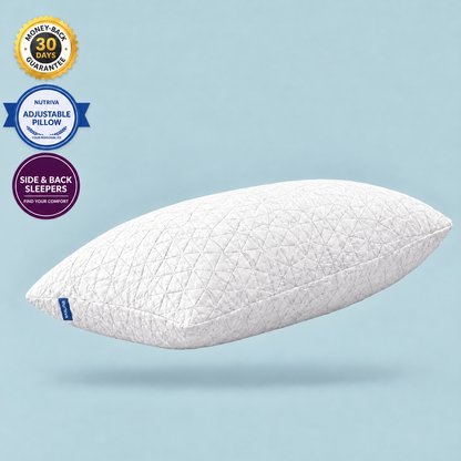 Floating Nutriva quilted pillow with 30-day money-back guarantee, adjustable pillow, and side and back sleeper badges