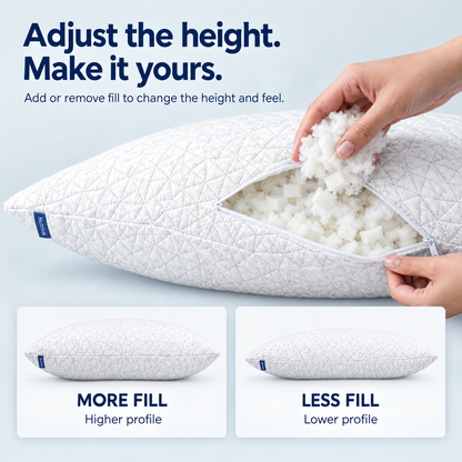 Nutriva adjustable pillow demonstration with higher and lower fill profiles and a hand adjusting foam-and-fiber fill