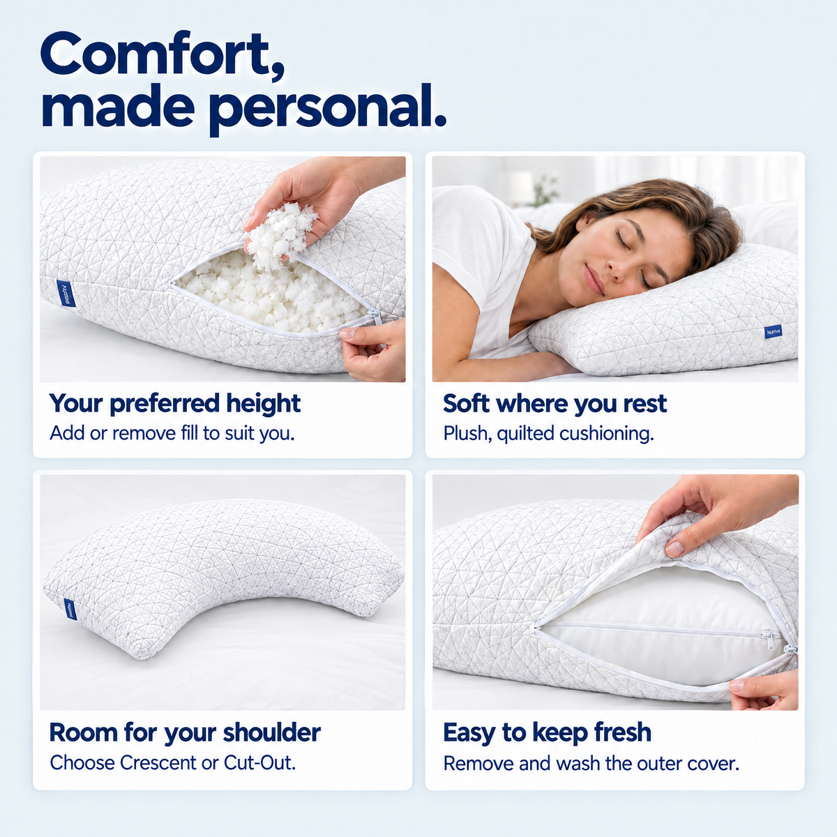 Four Nutriva pillow benefits: preferred height, soft cushioning, shoulder space, and separate washable outer-cover care