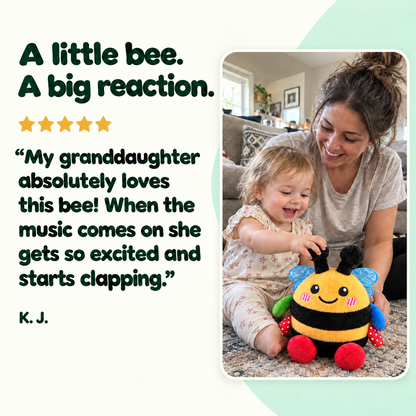 K. J. product review with mother and child playing with the Bee plush