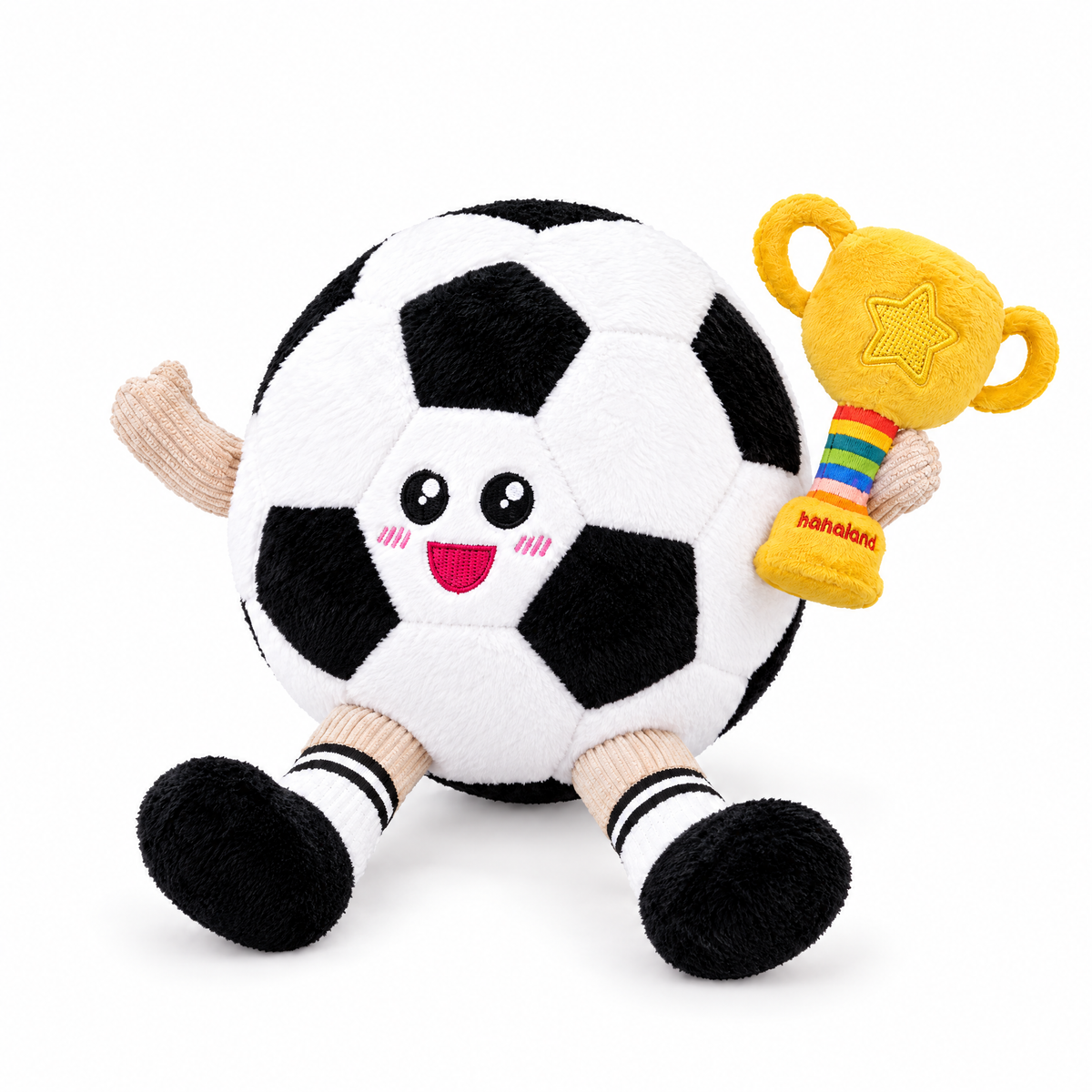 Soccer Ball — musical dancing plush studio product view with trophy