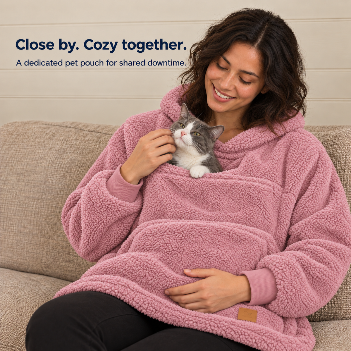 Woman in a pale pink sherpa pet carrier hoodie with a cat in the front pouch. Close by. Cozy together.