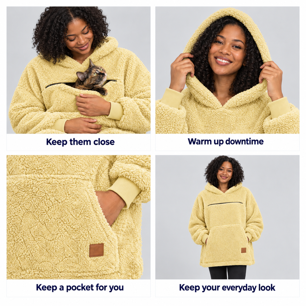Four pet carrier hoodie benefits shown with the yellow color: keep them close, warm up downtime, a pocket for you, and an everyday look.