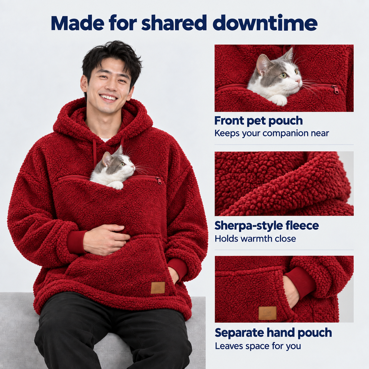 Red sherpa pet carrier hoodie construction details: front pet pouch, fleece texture and separate hand pocket.