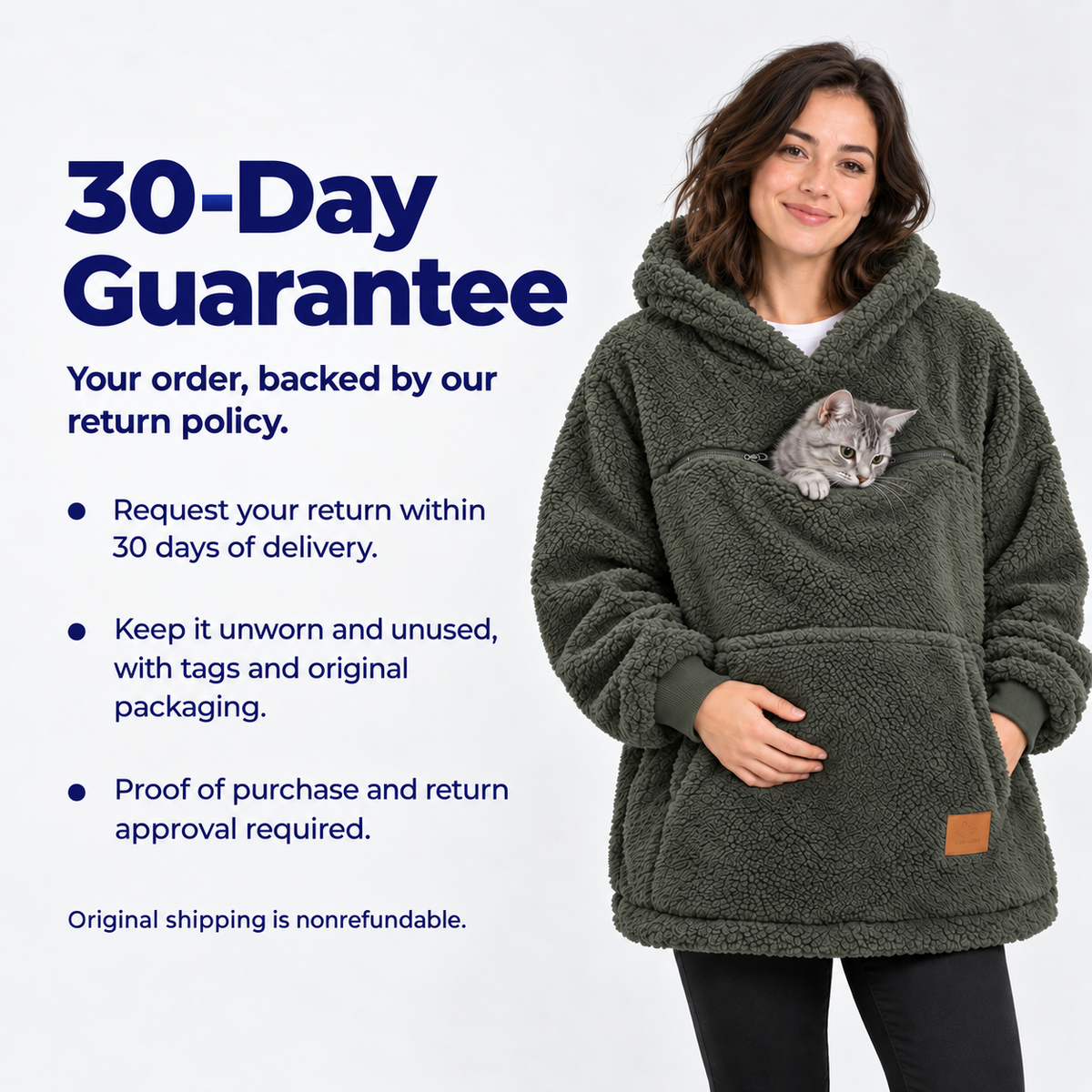 30-day guarantee and return terms, shown beside the olive green sherpa pet carrier hoodie.