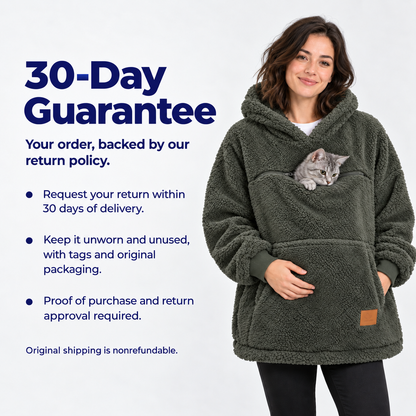 30-day guarantee and return terms, shown beside the olive green sherpa pet carrier hoodie.